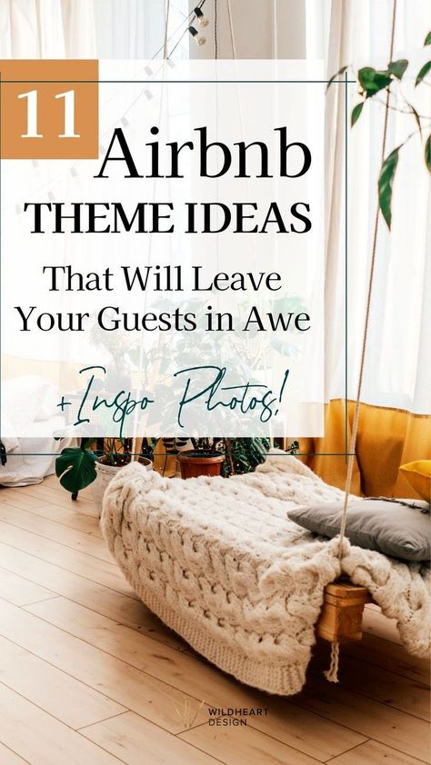 Elevate your Airbnb interior design with these unique theme ideas! Whether you're going for something bold and fun or relaxed and cozy, this guide will show you how to bring each Airbnb theme to life. With these styling and themed decor ideas, and tricks for improving your vacation rental homes, you’ll transform your space into a must-see destination. Give your guests an experience they won’t forget! Ideal for new Airbnb hosts or those who want to renovate their rental. Unique Airbnb Ideas Interior, 1 Bedroom Airbnb Ideas, Beach Airbnb Ideas, Airbnb Cabin Decor, Air B&b Ideas, Themed Airbnb Ideas, Airbnb Must Haves, Starting Airbnb, Airbnb Theme Ideas