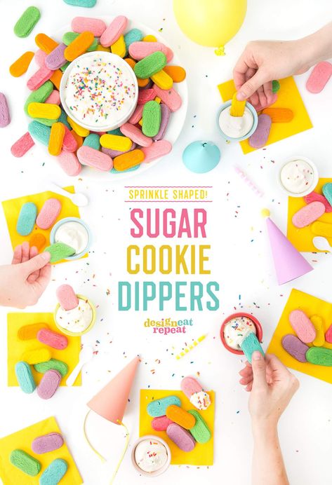 OMG. Sugar cookies shaped like SPRINKLES! Make these sugar cookie dippers as the perfect birthday party treat! | www.DesignEatRepeat.com | #sprinkles #sugarcookie Cookie Dippers In A Cup, Cookie Dunkers With Buttercream, Cookie Dunkers, Cookie Dippers, Cookie Dipper, Cookie Dip, Sugar Cookie Icing Recipe, Cookie Icing Recipe, Ball Recipes