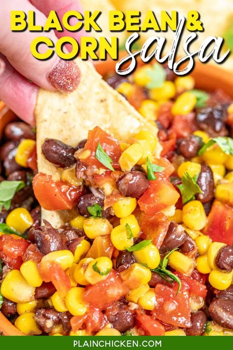 Black Bean and Corn Salsa Recipe - this colorful salsa combines sweet corn, tender black beans, juicy tomatoes, and a kick of green chiles, all tossed with Italian dressing, fresh lime juice, and cilantro. Perfect as a dip, a zesty taco topping, or a refreshing side to your favorite dishes. Black Bean Corn Dip, Black Bean And Corn Salsa With Rotel, Corn And Black Bean Salsa, Black Bean And Corn Salsa, Sides For Tacos, Black Bean Salsa Recipe, Corn Bean Salsa, Black Bean Corn Salsa, Cucumber Salsa