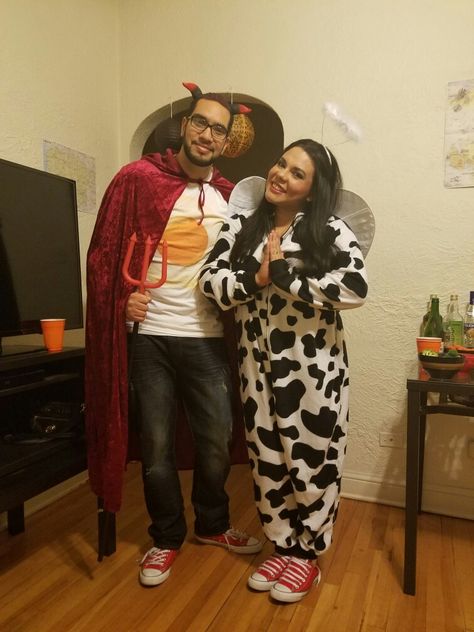 Punny Halloween Couple costumes Holy cow and deviled egg Halloween idea costumes for couples Clever Pun costumes diy  Creative and funny Wordplay Pun Halloween Costumes Funny Couples, Cow Couple Costume, Holy Cow Costume, Deviled Egg Costume, Diy Cow Costume, Halloween Couple Costumes, Pun Costumes, Egg Costume, Punny Halloween Costumes