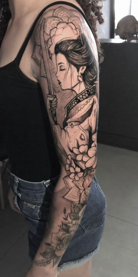 Geisha Arm Tattoo, Female Samurai Tattoo, Mandala Tattoo Sleeve Women, Matching Tattoos For Couples, Samurai Tattoo Sleeve, Japanese Tattoo Women, Couple Tattoo Ideas, Sleeve Tattoo Designs, Tattoos For Couples