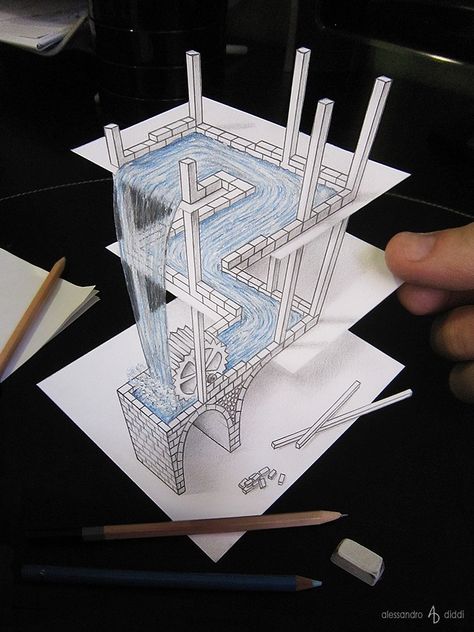 Waterfall – MC Escher. Anamorphic Optical Illusions Drawings that look like 3D. By Alessandro Diddi. 3d Pencil Sketches, Optical Illusions Drawings, 3d Pencil Drawings, Illusion Drawings, Pencil Sketch Images, 3d Art Drawing, 3d Drawings, Illusion Art, Color Pencil Drawing