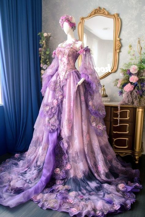 Gorgeous dress inspired by violets and roses flowers ~.~ Purple Fantasy Dress, Violets And Roses, Disney Modern, Fairy Wings Costume, Tale Dress, Rapunzel Dress, Met Gala Outfits, Met Gala Dresses, Fairy Clothes