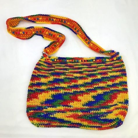 Artisan Handmade Multicolored Crochet Beaded Shoulder Bag 13” X 9.5” Square With 18” Strap Drop Colorful, Vibrant Multi Colored Beads Woven Along Strap And Bag Opening Interior Open Pockets Single Strap No Closure Bought At An Art Fair. Gorgeous, But I Just Never Used It. See My Other Art Fair Bag Listing Too Festival, Concert, Boho, Hippie, Retro, Crochet, Vibrant, Colorful Excellent Preowned Unused Clean Condition Please Review All Photos For Clarification Questions Are Always Welcome Ships Sa Retro Crochet, Beaded Shoulder Bag, Bag Pattern Free, Denim Handbags, Festival Concert, Handcrafted Bags, Crochet Bags Purses, Crochet Round, Craft Bags