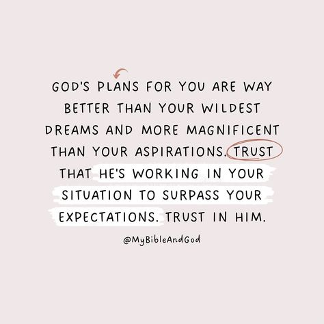 God’s purpose for your life is grander than anything you can imagine on your own. His power is limitless, and He can do infinitely more for us than we can even conceive. By trusting in God and letting go of our limitations, we open ourselves to the possibility of a truly magnificent future, even if it looks different from what we envisioned. Find joy and contentment in knowing that He has a plan for your life. ✨ Jeremiah 29:11: “For I know the plans I have for you,” declares the Lord, “plan... God Has A Plan For You, Trusting Gods Plan, Trust In God, Christian Quotes About Life, Trust Gods Plan, Future Quotes, Planning Quotes, Gods Plan Quotes, God's Plans