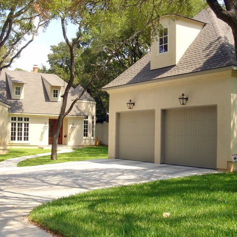 Garage With French Doors, Tan Garage Door, French Country Garage Doors, European Garage Doors, Modern French House Exterior, Cottage Style Garage Doors, Garage Doors French Country, Taupe Garage Door White House, European Farmhouse Garage Doors