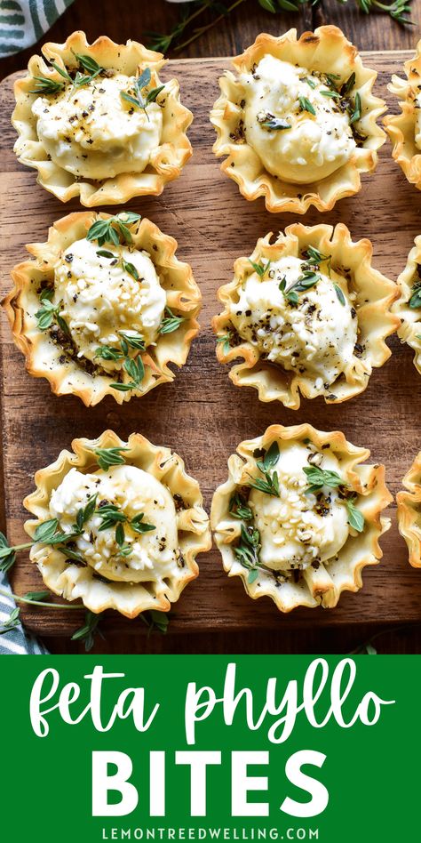 These Feta Phyllo Bites are the cutest little appetizer! They're savory + sweet, with a crispy shell and a deliciously creamy filling. The perfect bites for any occasion! Mini Filo Shells Appetizers, Philo Pastry, Cup Appetizers, Phyllo Bites, Philo Dough, Phyllo Shells, Feta Bites, Savoury Bites, Holiday Apps