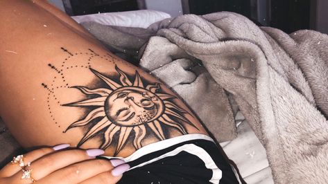 #sun #moon #tattoo #sunandmoontattoo #chandeliertattoo #thightattoo Sun Chandelier Tattoo, Moon Hand Tattoo, Sun Moon Tattoo, Chandelier Tattoo, Moon Sun Tattoo, Hand Tattoo, Moon Tattoo, Thigh Tattoo, Sun Moon