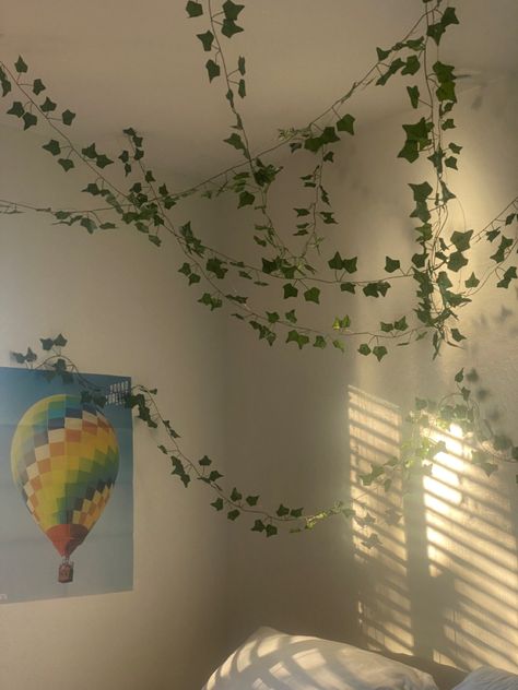 Aesthetic Vines Wallpaper, Vines With Pictures Bedroom, Vines In Bedroom Corner, Hanging Vines Bedroom, Fake Vines Decor Bedroom, Vine Canopy, Bedroom Vines, Aesthetic Vines, Vines Aesthetic