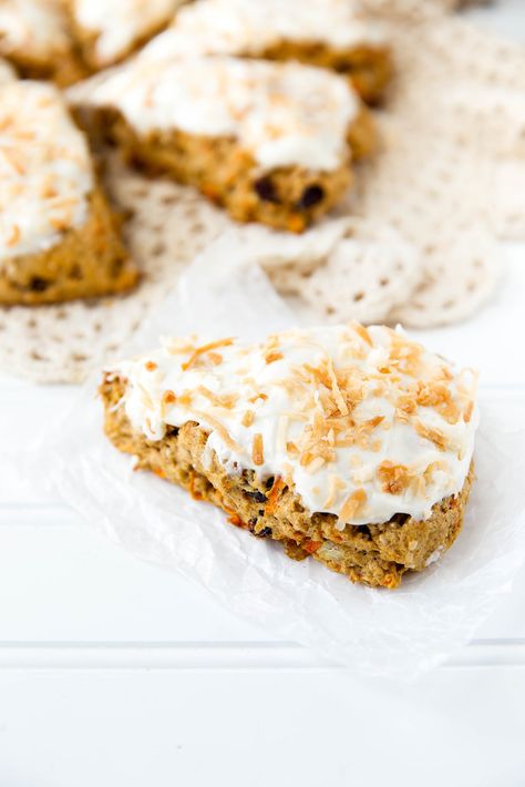 Carrot Cake Scones, Coconut Cream Cheese, Breakfast Scones, Coconut Cream Cheese Frosting, Flourless Cookies, Broma Bakery, Weekend Breakfast, Scone Recipe, Baking Supplies