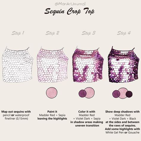 Hello my darlings!9th TUTORIAL on sequins 👇👇👇. LIKE if it helps you ❤  BTW, what do you think about watercolor swatches?) . 🔹 Not all… Fabric Coloring Tutorial, How To Draw Silk, Sequin Illustration, Watercolor Swatches, Fashion Illustration Tutorial, Fabric Drawing, Fashion Illustrations Techniques, Fashion Drawing Sketches, Illustration Techniques