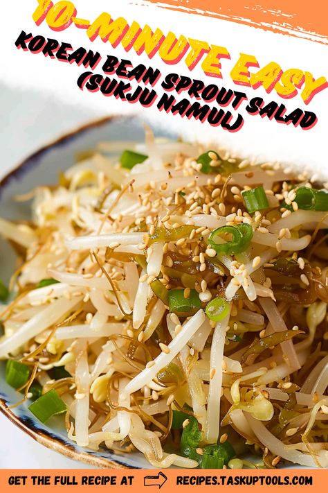 Discover the tasteful secrets of Korean cuisine with our 10-Minute Easy Korean Bean Sprout Salad (Sukju Namul) recipe. Fresh, crisp, and flavored with authentic oriental seasonings, it's perfect for a quick, tasty side dish or a health-packed lunch on a busy day. Follow us for more exciting Asian recipes and culinary inspirations. #KoreanCuisine #Healthydishes #EasyRecipes #SukjuNamul Beansprout Recipes Korean, Korean Bean Sprout Salad, Beansprout Korean Side Dish, Bean Sprout Recipes Easy, Korean Bean Sprouts, Korean Bean Sprout Side Dish, Bean Sprouts Korean Side Dish, Sukju Namul, Soybean Salad