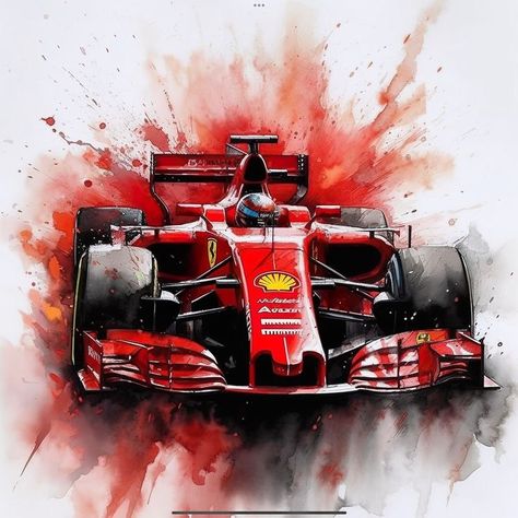 Ferrari F1 Car, F1 Artwork, Car Watercolor, Auto Racing Art, Watercolor Digital Art, Bottle Drawing, F1 Art, Formula 1 Racing, F1 Car