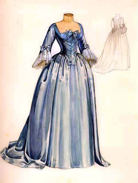 Blue dress late 1700's (sorry not sure about website) French Fashion 1700 Court Dresses, 18th Century Dress Drawing, Blue 18th Century Dress, 1800s Blue Dress, 1780s Dress England, 1800 Dress Drawing, Early 1700s Dresses, 1700s Dresses French, Late 1700s Fashion