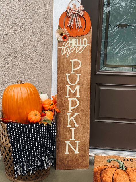 Homemade hand crafted by me. Hello Pumpkin Porch Leaner, Pumpkin Welcome Signs For Porch, Hello There Pumpkin Sign, Fall Porch Crafts Diy, Welcome Pumpkin Signs, Fall Board Signs For Porch, Hello Pumpkin Porch Sign, Pumpkin Porch Leaner, Hello Fall Porch Sign