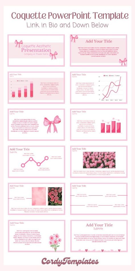 is a perfect choice for your next presentation. It features a modern and feminine design with bright colors and floral accents. The template is easy to use and customize, so you can create a presentation that is both stylish and Canva Slides Aesthetic, Id Templates Aesthetic, Coquette Powerpoint, Coquette Presentation, Aesthetic Slides Presentation, Pink Presentation, Cute Presentation, Canva Presentation Template, Aesthetic Presentation