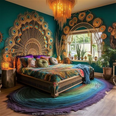 Peacock Bedroom Ideas Decor, Peacock Bedroom Ideas, Bedroom Maximalist, Boho Room Inspiration, Hippy House, Jewel Tone Bedroom, Ethnic Bedroom, Peacock Bedroom, Colorful Boho Bedroom