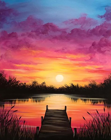 Landscape Ideas Nature, Landscape Ideas Painting Sunset, Things To Paint Landscapes, Sunset Over Lake Painting, Easy Acrylic Painting Ideas Sunset, Natural Pictures Drawing, Scenic Painting Ideas, Cabin Paintings On Canvas, Outdoor Painting Ideas