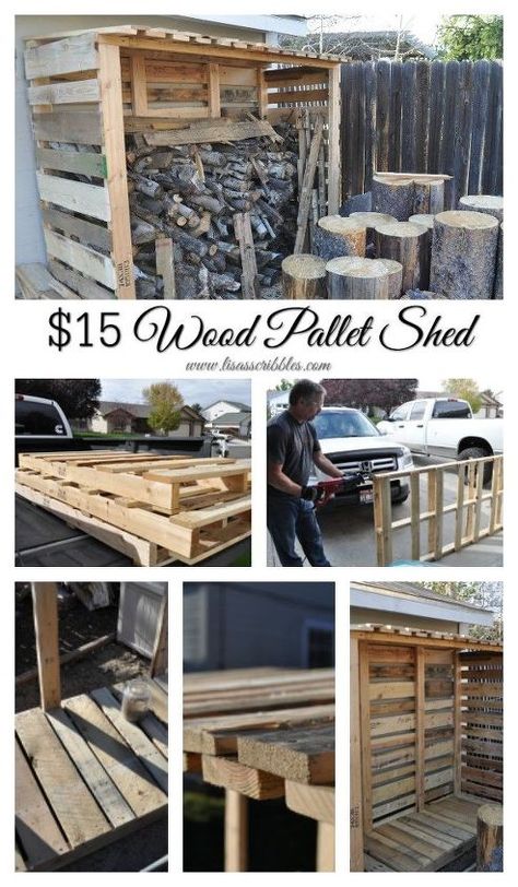 "Excuse me while I pick my jaw up off the floor...this is amazing!!" said a reader when she saw this backyard pallet idea: You won't believe she did this on such a tight budget! Wood Pallet Shed, Repurposed Diy Projects, Backyard Pallet Ideas, Pallet Shed Plans, Firewood Storage Outdoor, Pallet Barn, Pallet Shed, Firewood Shed, Wood Storage Sheds