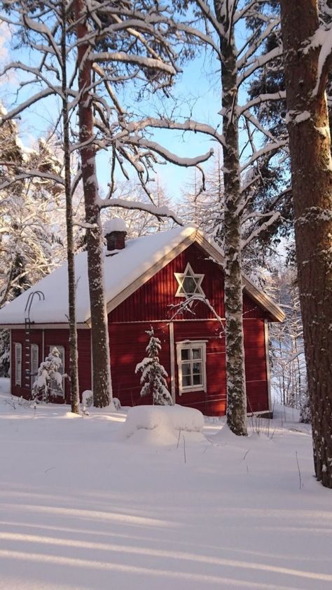 Winter House Exterior, Christmas All Year, All Things Bright And Beautiful, Red Houses, Christmas Lodge, Red Cottage, Swedish House, Summer Cottage, Tiny House Cabin