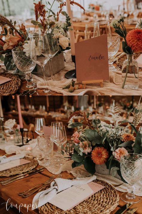 Table names in warm beige with angled edges, a wedding menu and place name in dusky pink with hand lettered gold calligraphy for a luxe finishing touch for this warm autumnal boho wedding day. See more of this wedding on the blog! Image credit: Mindy Coe Neutral Autumn Wedding, Boho Gold Wedding, Boho Wedding Table Setting, Autumn Boho Wedding, Autumn Wedding Table, Table Names Wedding, Wedding Table Signage, Calligraphy Wedding Stationery, Fall Wedding Tables