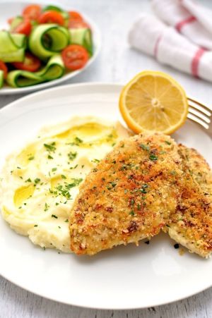 4 Ingredient Crunchy Chicken with Mashed Potatoes & Salad {15 Minute Meal} - RecipeTin Eats Chicken With Mashed Potatoes, Crumbed Chicken, Recipe Tin Eats, Quick Chicken Dinner, Chicken Mashed Potatoes, Crunchy Chicken, Fish Healthy, Seared Chicken Breast, Seared Chicken