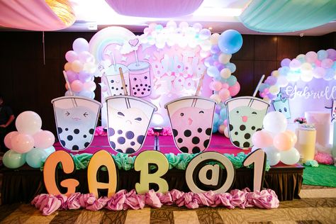 milk tea theme decoration for birthday Boba Partea, Tea Themed Party, Boba Party, Surprise Birthday Decorations, Deco Pastel, Kids Birthday Party Decoration, 1st Birthday Themes, 9th Birthday Parties, Tea Party Decorations