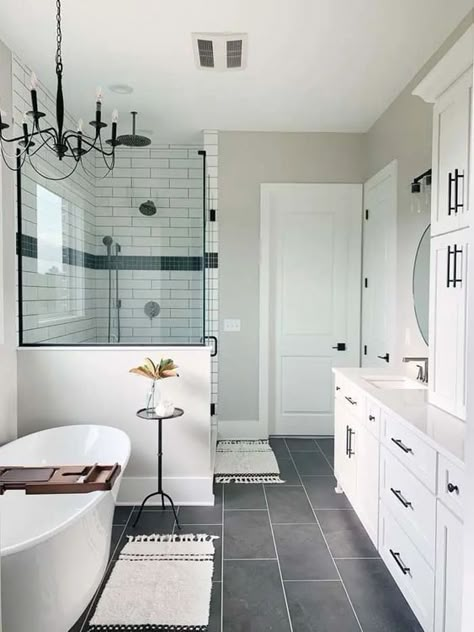 15 Stunning Black Tile Bathroom Floor Ideas - Nikki's Plate Ruggable In Bathroom, Ruggable Bathroom Runner, Ruggable Bathroom, Tile Bathroom Floor Ideas, Bathroom Rugs Ideas Master, Black Tile Bathroom, Black Tile Bathroom Floor, Bathroom Area Rug, Black And White Bathroom Floor