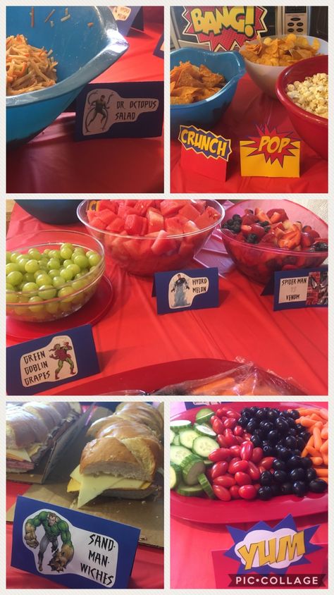 Spider-Man Birthday Party food Avenger Party Food Ideas, Spiderman Party Snack Ideas, Marvel Birthday Food Ideas, Marvel 6th Birthday Party, Marvel Theme 1st Birthday, Venom Birthday Party Food Ideas, Spider Man Birthday Snack Ideas, Spider Man Themed Birthday Party Ideas, Spiderman Party Foods