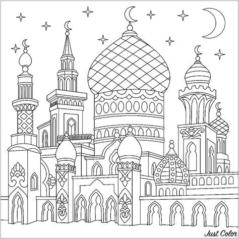 Turkish mosque, crescent moons, twinkling stars. Islamic Coloring Pages, Ramadan Coloring, Coloring Worksheets, Coloring Activities, Online Coloring Pages, Islamic Design, Color Worksheets, Free Printable Coloring Pages, Mandala Coloring