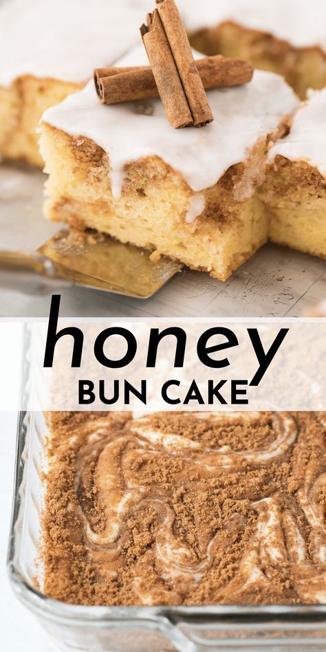 Did you know you can transform a simple yellow cake mix into the most delicious honey bun cake, complete with swirls of honey, cinnamon, and brown sugar? Follow my easy steps to a delicious breakfast cake, plus get more pro tips like my honey measuring hack! Desserts With Honey, Honey Dessert Recipes, Honey Bun Cake Recipe, Bun Cake Recipe, Breakfast Cinnamon, Honey House, Cake Mix Recipe, Honey Bun Cake, Bun Cake