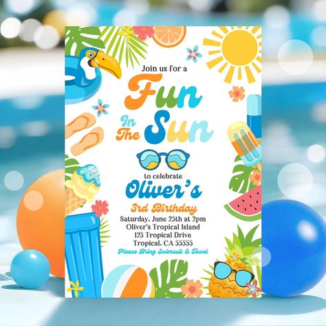 Make a splash with our bright and fun boys' pool party invitation! Perfect for young ages and summer celebrations, this invitation is customizable with all your party details. https://theprintableoccasion.etsy.com ✻´¨) ¸.•´ ¸.•*´¨) ¸.•*´¨) (¸.•´ (¸.•´✻ Every Occasion is a Printable Occasion © #pool #party #poolparty #summer #invite #invitation #birthday #celebrate #celebration #fn #motivation #love #style #wellness #travel #fitness #vintage #beach #colorul#art #artisic #graphi... Summer Invite, Beach Birthday Party Invite, Birthday Invitations Pool Party, Summer Pool Party Invitation Ideas, Swimming Party Invitations, Swim Party Invites Free Printable, Sun Birthday Party, Beach Party Invitations, Sun Birthday