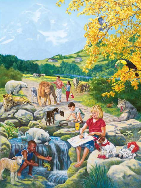 Adults and children enjoy peace with the animals in Paradise Jehovah Paradise, Gospel Art, Isaiah 65, Isaiah 11, Paradise Pictures, Life In Paradise, Bible Truths, Family Worship, Bible Pictures