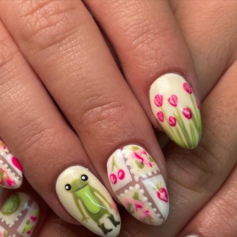 Kamrynn petersen 🔅 licenced nail tech :) on Instagram: "The frog 😭😭  Swipe to see our inspo!!!!" Detailed Flower Nails, Cutesy Nail Designs, Animal Nails Cute, Cute Mix Match Nails, Kacey Musgraves Nails, Cute Nail Polish Ideas For Short Nails, Frog Nail Ideas, Teletubbies Nails, Lunar Moth Nails