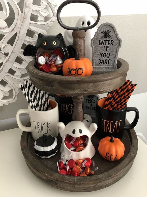 Three Tiered Tray, Goth House, Halloween Decor Diy, Coffee Stations, Tray Decoration, Hallowen Ideas, Dear Lillie, Tier Trays, Halloween Things