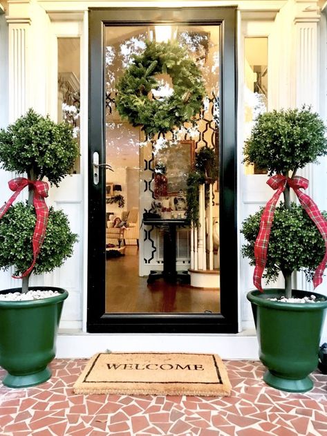 Porch Topiary, Winter Porch Decorations, Emily Clark, Outdoor Topiary, Topiary Diy, Outdoor Christmas Planters, Christmas Topiary, Fresh Wreath, Holiday Planter