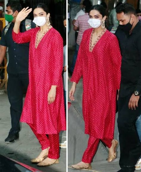 Deepika Padukone Looks Drop Dead Gorgeous in a Red Suit by Sabyasachi as She Visits Siddhivinayak Temple - See Pics Deepika Padukone In Kurti Outfit, Deepika Padukone In Suit, Sabyasachi Suits Salwar Kameez 2022, Deepika Padukone In Salwar Suit, Deepika Padukone Kurta Style, Deepika Padukone Salwar Suits, Celebrity Suits Women Indian, Deepika Padukone Salwar, Deepika Padukone Suits