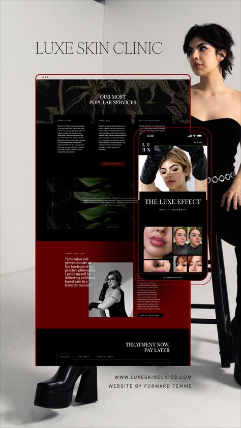 screenshot of a medical spa website individual pages with dark/moody aesthetic Esthetics Website Design, Esthetician Website Design, Dark Website Design, Esthetician Website, Salon Advertising Ideas, Website Layout Design, Luxury Website Design, Dark Website, Website Design Ideas