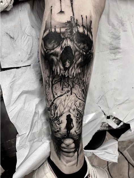 Skull Sleeve Tattoos For Guys, Snake Charmer Tattoo, Dark Forest Tattoo, Dark Tattoos For Men, Tattoo Crane, Graveyard Tattoo, Rabe Tattoo, Arm Tattoos For Guys Forearm, Sleeve Tattoos For Guys