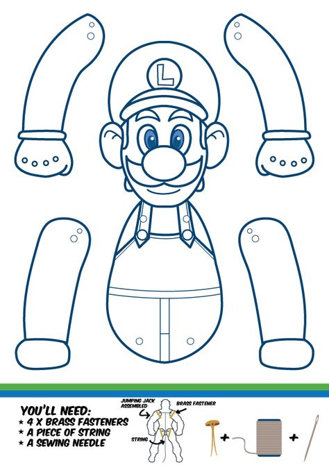 Download the templates by clicking the link below. Then just print, cut out and assemble. You also get versions that you can color in the colors the way you want it. Mario Day, Mario Crafts, Super Mario Bros Birthday Party, Mario Bros Birthday, Mario Bros Party, Mario Coloring Pages, Mario Birthday Party, Paper Puppets, Super Mario Birthday