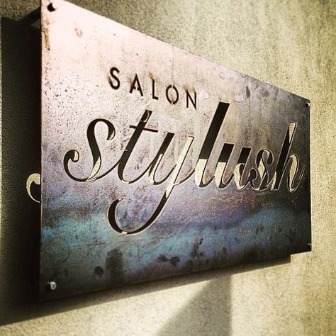 Industrial raw metal #sign #signboard #signage #wayfinding #letters #laser #laserengraving #lasercutting #production #numbers… Deur Sticker, Hair Salon Decor, Salon Names, Salon Signs, Salon Suites, Beauty Salon Decor, Restaurant Signs, Business Decor, Steel Signs