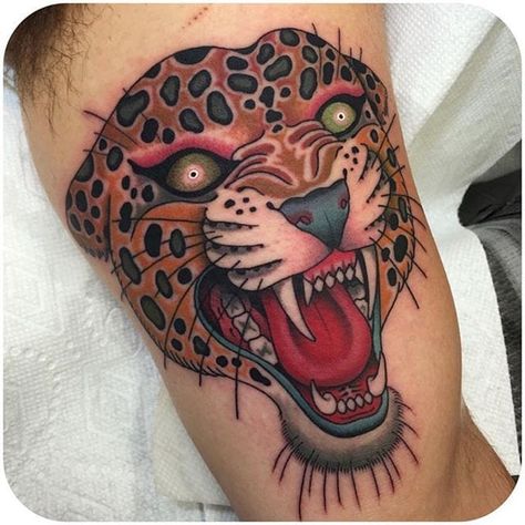 Jaguar Tattoo, Traditional Tattoo Inspiration, Leopard Tattoos, Traditional Tattoo Design, Traditional Tattoo Art, Knee Tattoo, 1 Tattoo, Desenho Tattoo, Head Tattoos