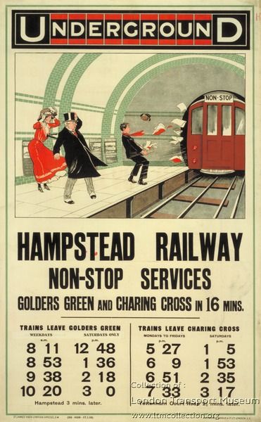 Hampstead Railway Non-Stop Services, by unknown artist, 1910 - Published by Underground Electric Railway Company Ltd. English Poster, English Posters, London Transport Museum, Transport Museum, London Tube, Transportation Poster, Railway Posters, London History, London Transport