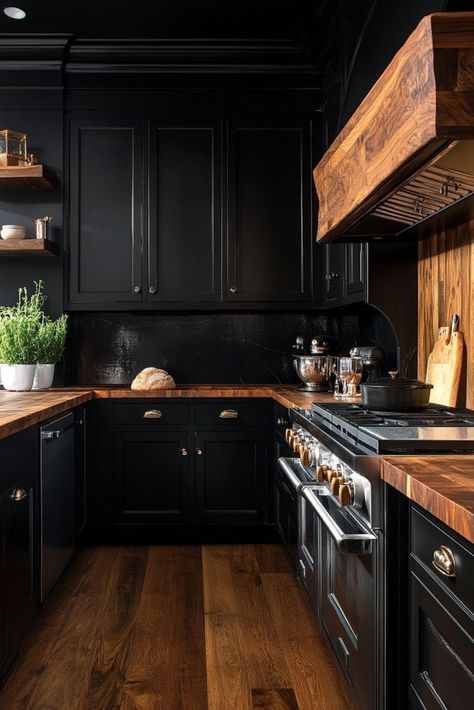 Kitchens With Black Cabinets, Black Kitchen Design, Black Modern Kitchen, Moody Kitchen, Wooden Countertops, Minimalist Kitchen Design, Black Kitchen Cabinets, Dark Kitchen, Grey Kitchen Cabinets