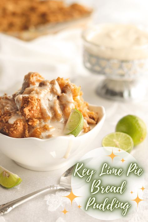 Key Lime Pie Bread Pudding - A baJillian Recipes Key Lime Trifle Recipes, Graham Cracker Streusel, Key Lime Bread, Key Lime Custard, Lime Custard, Rice Puddings, White Chocolate Bread Pudding, Flaky Croissants, Cream Cheese Crescent Rolls