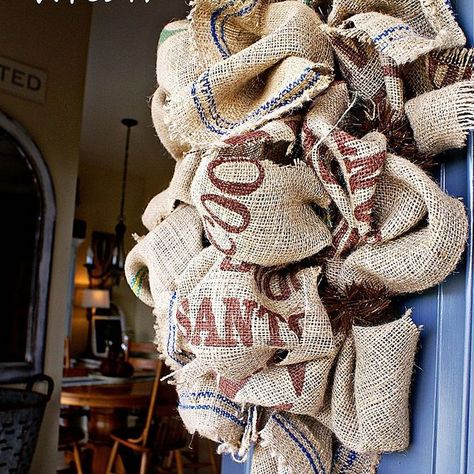 Burlap Coffee Bean Sack Wreath Coffee Bag Diy, Coffee Bag Crafts, Coffee Bean Sacks, Burlap Coffee Bags, Coffee Bean Bags, Coffee Sack, Coffee Sacks, Burlap Projects, Burlap Sacks