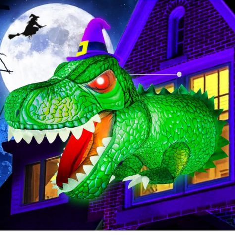 【Roaring T-Rex Appearance Creates Fright Halloween Atmosphere】The Halloween blow up yard decorations feature 4FT red-eye roaring T-rex appearance, with a witch hat on its head, the realistic skin textures highlighting the ferocious look. The built-in super bright LED light makes the dinosaur glow green and more vivid, definitely will be the most eye-catching Halloween decoration among your neighbors Halloween Yard Inflatables, Halloween Blow Ups, Yard Inflatables, Inflatable Decorations, Halloween Inflatables, Halloween Outdoor, Yard Decorations, Fright Night, Garden Lawn