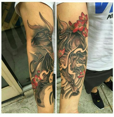 Ox and cherry blossom forearm Japanese tattoo by Khang Vo of Anvil Tattoo Co in Rosemead, CA Taurus Japanese Tattoo, Ox Tattoo Design Chinese Zodiac, Japanese Bull Tattoo, Bull Tattoos For Men, Chinese Zodiac Tattoo, Ox Tattoo, Taurus Design, Taurus Bull Tattoos, Nautical Tattoo Sleeve