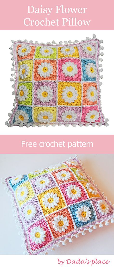 Daisy Flower Crochet Pillow made by Dada's place. Link to the free daisy granny square pattern, and Pom-pom edge free pattern. #CrochetFreePattern #CrochetPillow #CrochetCushion #CrochetFlower Crochet Cushion Edging, Daisy Granny Square Pillow, Crochet Daisy Cushion, Granny Square Cushion Cover Pattern, Crochet Daisy Pillow Pattern Free, Retro Daisy Square Crochet Pattern, Granny Square Pillow Cover Free Pattern, Daisy Pillow Crochet Pattern, Crochet Flower Pillow Pattern Free