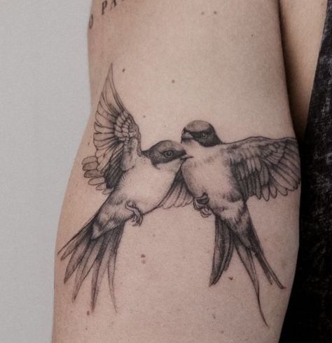 Bird Pair Tattoo, Goldfinch Tattoo Black And White, Matching Swallow Tattoos, Detailed Bird Tattoo, Pair Of Birds Tattoo, Swallow Tattoo Shoulder, Bird Tattoo Memorial, Bullfinch Tattoo, Bird Tattoo Black And White